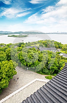 Aerial View of the West Lake and the city of Hangzhou