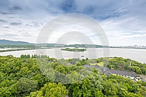 Aerial View of the West Lake and the city of Hangzhou