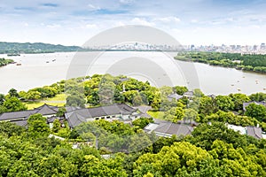 Aerial View of the West Lake and the city of Hangzhou