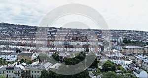 Aerial view of the West side of the town of Brighton, England, with colorful Victorian terraced houses