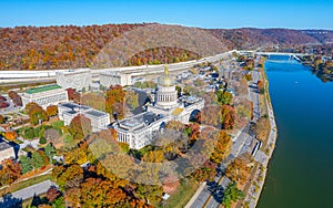 Aerial view of the West Virginia State Capitol Building and downtown Charleston with fall foliage