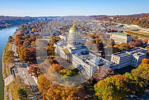 Aerial view of the West Virginia State Capitol Building and downtown Charleston with fall foliage