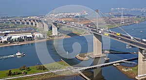 Aerial view of the Westgate bridge and traffic out of melbourne.