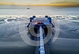 Aerial view of the Weston-Super-Mare Pier, just after sunset in England, Somerset