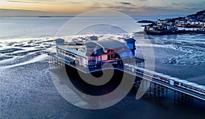 Aerial view of the Weston-Super-Mare Pier, just after sunset in England, Somerset