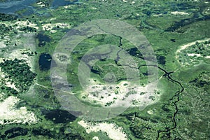 Aerial view of wetlands from a helicopter