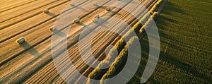 Aerial view of wheat and corn fields at sunset. Parallel lines and haystacks, image of agriculture in Normandy - green and gold