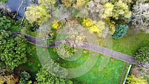 Aerial view where people walk on a park with a lake