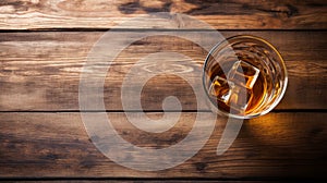 Aerial View Of Whiskey On Wooden Table With Ice Cubes