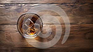 Aerial View Of Whiskey On Wooden Table - Minimalist Icepunk Background