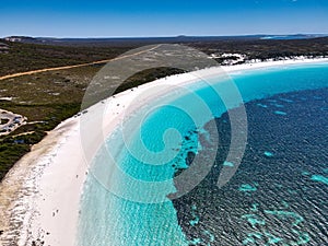 Aerial view of the white beach and crystal clear turquoise waters of Lucky Bay