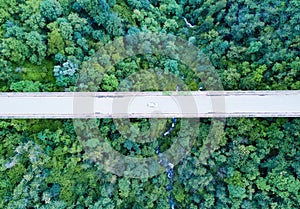 Aerial view of a white car crossing a tall bridge, green forest