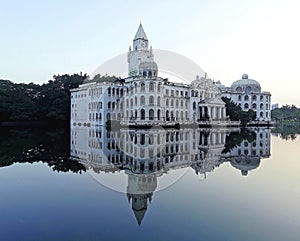 Aerial view of white church building facade in Liu Hua Park