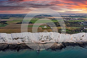 Aerial view of the White Cliffs of Dover. Close up view of the cliffs from the sea side.