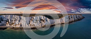 Aerial view of the White Cliffs of Dover. Close up view of the cliffs from the sea side.