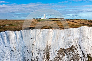 Aerial view of the White Cliffs of Dover. Close up view of the cliffs from the sea side.