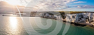 Aerial view of the White Cliffs of Dover. Close up view of the cliffs from the sea side.