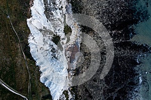 Aerial view of the White Cliffs of Dover. Close up view of the cliffs from the sea side.