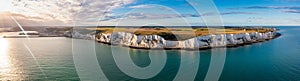 Aerial view of the White Cliffs of Dover. Close up view of the cliffs from the sea side.