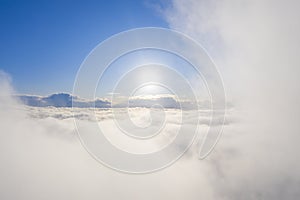 Aerial view white clouds in blue sky. Aerial top view cloudscape. Texture of clouds. View from above. Clouds texture bacground.