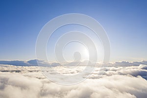 Aerial view white clouds in blue sky. Aerial top view cloudscape. Texture of clouds. View from above. Clouds texture background. P