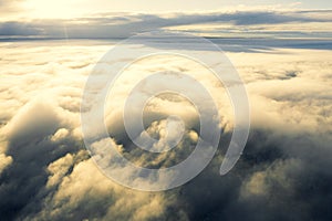 Aerial view white clouds in blue sky. View from drone. Aerial view cloudscape texture background. Texture of clouds. View from