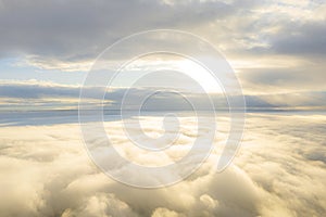 Aerial view white clouds in blue sky. View from drone. Aerial view cloudscape texture background. Texture of clouds. View from