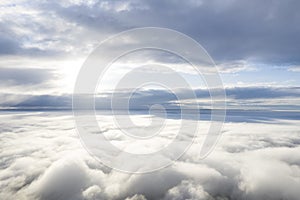 Aerial view white clouds in blue sky. View from drone. Aerial view cloudscape texture background. Texture of clouds. View from