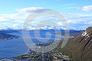 Aerial view of white snow covered landscape around Tromso Norway in summer