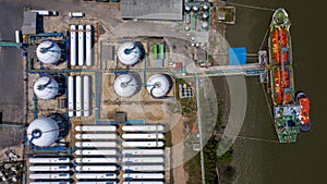 Aerial view white storage tank gas in station LPG gas, LNG or LPG distribution station facility, Oil and gas fuel manufacturing