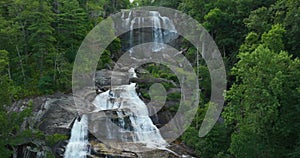 Aerial view of Whitewater Falls in Nantahala National Forest, North Carolina, USA. Clear water falling down from rocky
