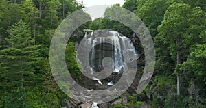 Aerial view of Whitewater Falls in Nantahala National Forest, North Carolina, USA. Clear water falling down from rocky