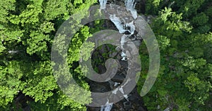 Aerial view of Whitewater Falls in Nantahala National Forest, North Carolina, USA. Clear water falling down from rocky