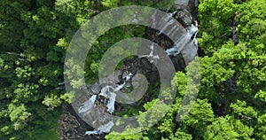 Aerial view of Whitewater Falls in Nantahala National Forest, North Carolina, USA. Clear water falling down from rocky