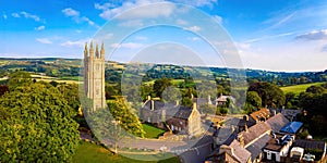 Aerial view of Widecombe in the Moor, a village and large civil parish on Dartmoor National Park in Devon, England