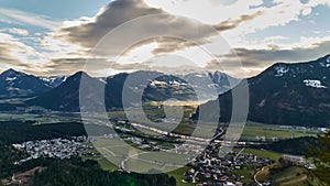 Aerial view from Wiesing towards Zillertal and Inntal in Tyrol, Austria. Time lapse.