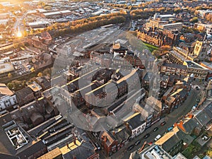 Aerial view of Wigan town centre with important buildings visible