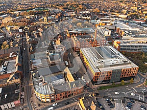 Aerial view of Wigan town centre with important buildings visible. Town hall, council, library, pubs, clubs and bars