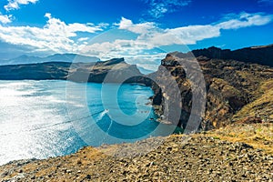 Aerial view of the wild cliffs at Ponta de Sao Lourenco, Madeira islands