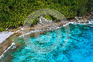 Aerial view of wild secluded lonely beach with rough granite rocks, white sand, palm trees in a jungle and turquoise