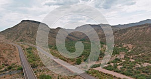 Aerial view wild west landscape with a cactus view of desert valley mountains in the Arizona, United States