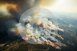 Aerial view on the wildland forest fires. Environmental issues concept