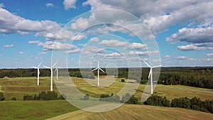 Aerial View of Wind Farm or Wind Park, With High Wind Turbines for Generation Electricity. Green Energy Concept