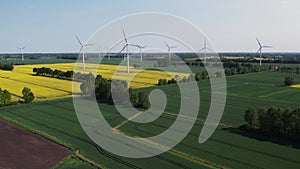 Aerial view Wind turbine on grassy yellow farm canola field against cloudy blue sky in rural area. Offshore windmill