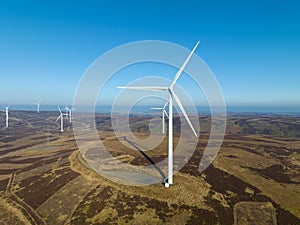 Aerial view of wind turbines against the background of the blue sky.