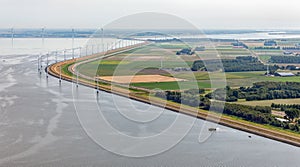 Aerial view wind turbines along coast of Flevoland, The Netherlands