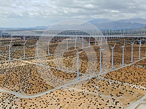 Aerial view of wind turbines spreading over the desert in Palm Springs wind farm