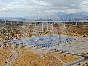 Aerial view of wind turbines spreading over the desert in Palm Springs wind farm