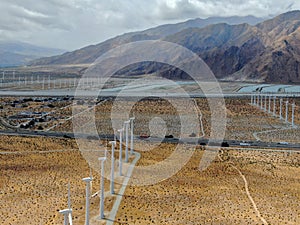 Aerial view of wind turbines spreading over the desert in Palm Springs wind farm