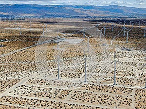 Aerial view of wind turbines spreading over the desert in Palm Springs wind farm